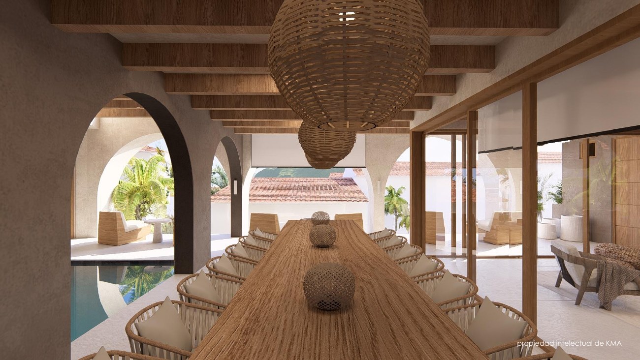 Render of the long dining table under the arcade at dusk
